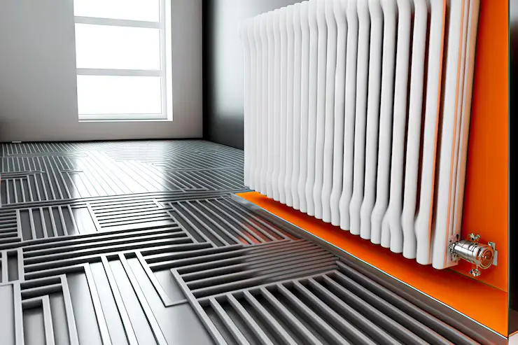 moderne hvit radiator oransje vegg nær vindu