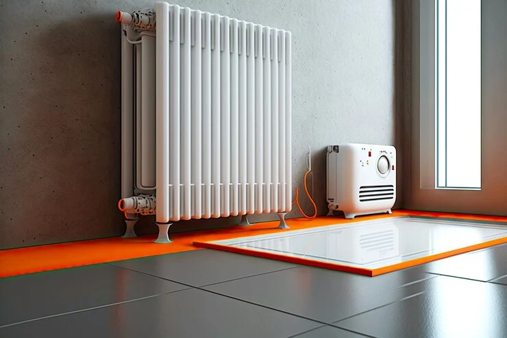 stor liten radiator grå gulv med oransje stripe i nærheten av vinduet